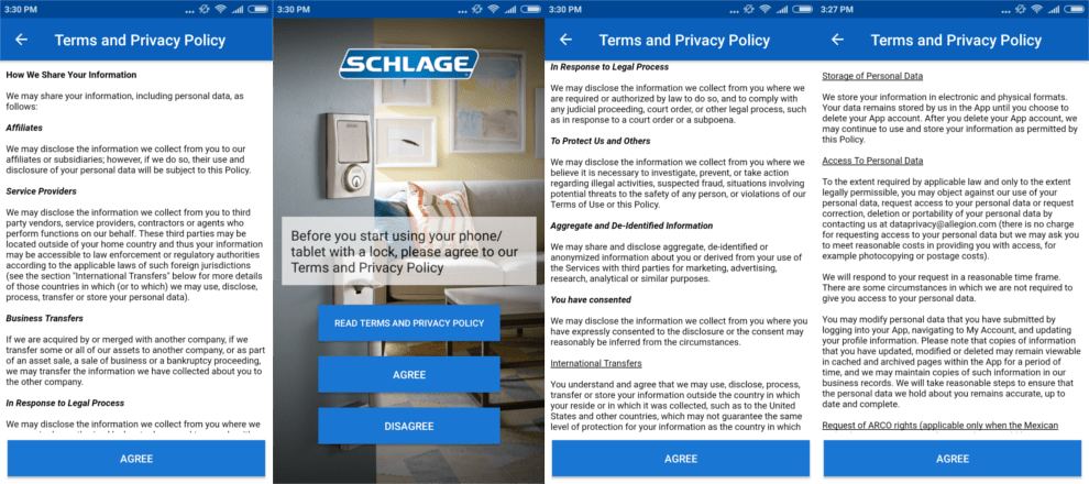 Schlage privacy policy screnshots
